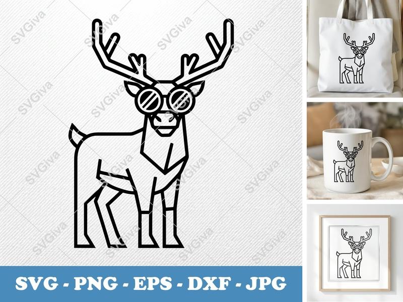 Reindeer Wearing Sunglasses SVG | Geometric Minimalist Cut File | Double Outline PNG, DXF, EPS for Cricut/Silhouette