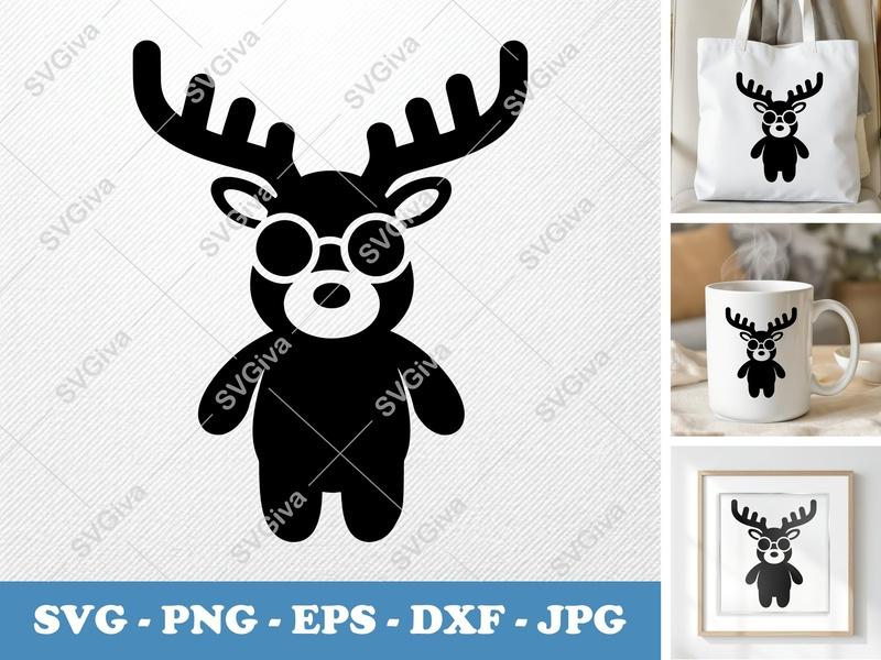 Reindeer Wearing Sunglasses SVG | Puffy Inflated Style | PNG DXF EPS | Cricut Silhouette Cut File