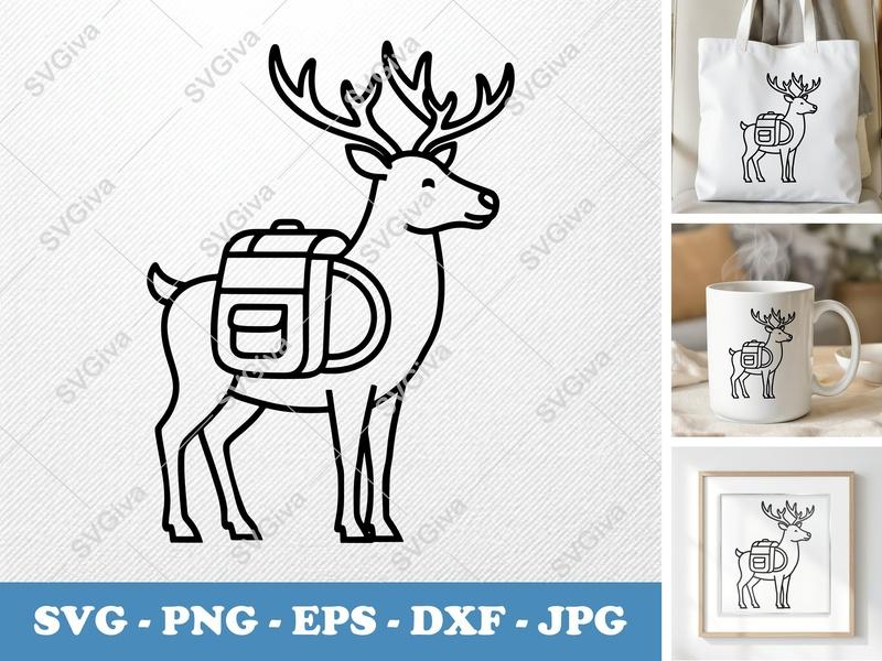Reindeer with Backpack SVG, Minimalist Outline Cut File | Bold, Clean Vector Art for Cricut, Silhouette | PNG, DXF, EPS