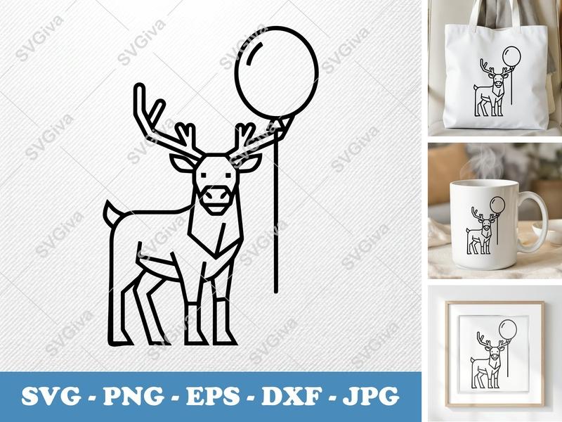 Reindeer with Balloon SVG | Geometric Outline Cut File | Low Detail Basic Shapes | PNG DXF EPS | Cricut Silhouette