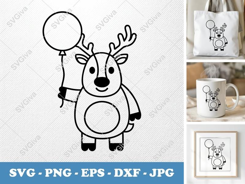 Reindeer with Balloon SVG, Modern Clean Line Art, PNG EPS DXF | Cricut Silhouette Cut File, Christmas Animal