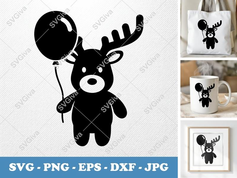Reindeer with Balloon SVG | Puffy Inflatable Forms | PNG DXF EPS | Cricut Silhouette File