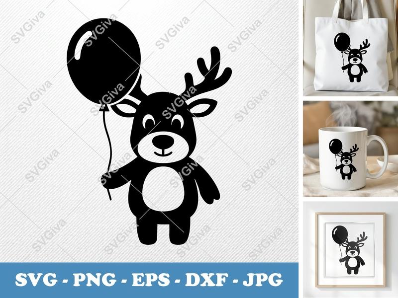 Reindeer with Balloon SVG | Puffy Inflated Shapes | No Sharp Corners PNG DXF EPS | Cricut Silhouette File