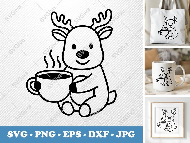 Reindeer with coffee cup SVG | Friendly Rounded Body Bean Shape Design | PNG DXF EPS | Cricut Silhouette File