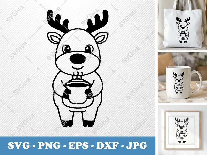 Reindeer with Coffee Cup SVG | Minimalist Cute Character DXF PNG EPS | Cricut Silhouette File