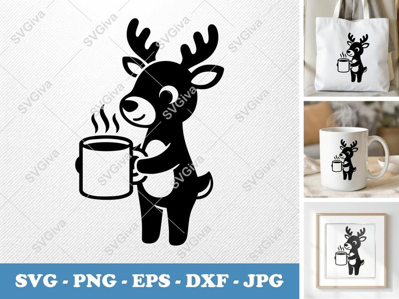 Reindeer with Coffee Cup SVG | Puffy Inflatable Forms | PNG DXF EPS | Cricut Silhouette Cut File