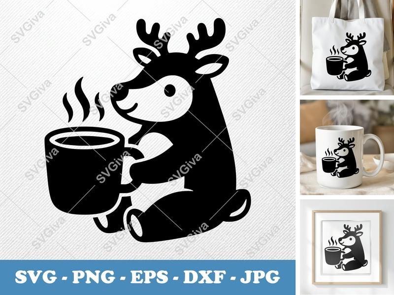 Reindeer with Coffee Cup SVG | Puffy Soft Shapes | Inflated Pillow Art | PNG DXF EPS | Cricut Silhouette File