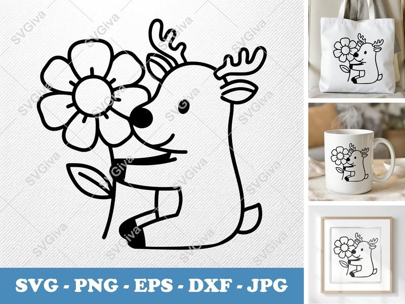 Reindeer with Flower SVG | Bean-Shaped Cut File | Friendly Rounded Body PNG DXF EPS | Cricut Silhouette