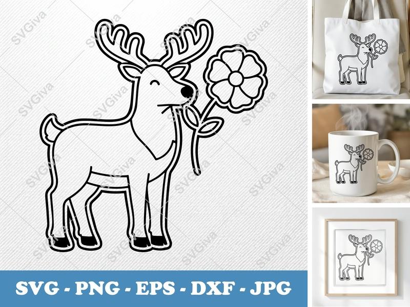 Reindeer with Flower SVG | Double-Outline Minimalist Cut File | PNG DXF EPS | Cricut Silhouette Design