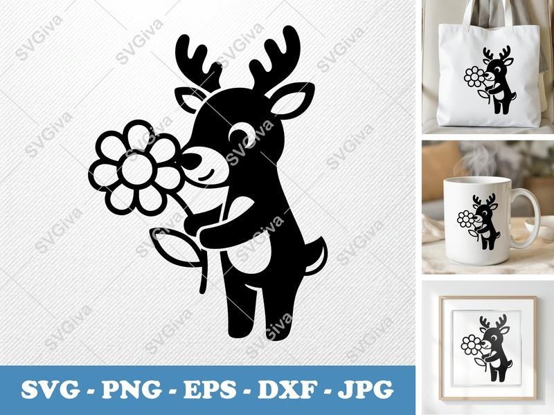 Reindeer with Flower SVG | Puffy Pillow Soft Shapes | PNG DXF EPS | Cricut Silhouette File
