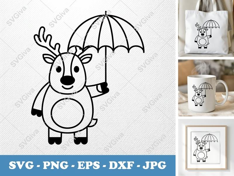 Reindeer with Umbrella SVG, Cute Cartoon Deer | PNG EPS DXF for Cricut, Silhouette | Kids Craft, Animal Clipart