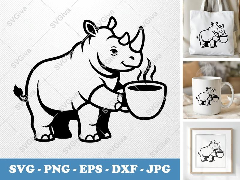 Rhinoceros Coffee SVG | Cute Rhino Mug PNG, EPS, DXF | Animal Lover Cut File for Cricut, Silhouette, Coffee Shop Decal