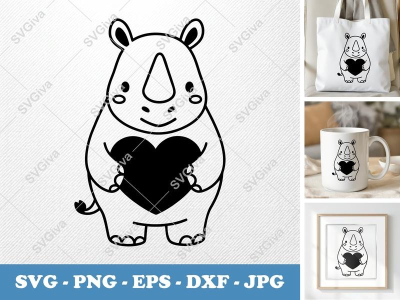 Rhinoceros holding a heart SVG | Puffy Soft Forms | Inflated Pillow Art | PNG DXF EPS | Cricut Silhouette File