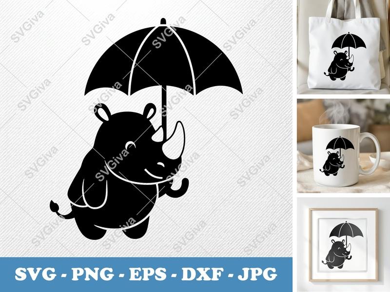 Rhinoceros holding umbrella SVG PNG DXF EPS | Cricut Silhouette Cut File Vector
