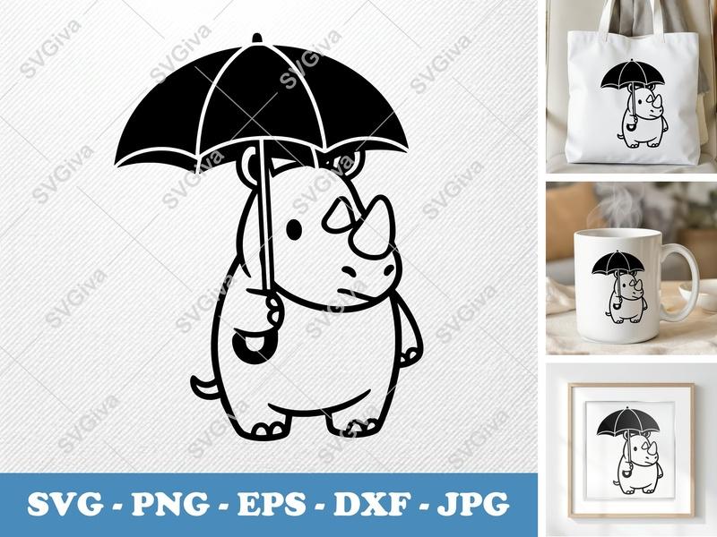 Rhinoceros Holding Umbrella SVG | Puffy Cartoon Rhino | Pillow-Soft Shapes | PNG DXF EPS | Cricut Silhouette File
