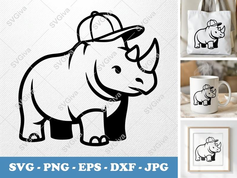 Rhinoceros in a Cap SVG | Bold Contour, Simple Character Art | PNG, DXF, EPS | Cricut, Silhouette Compatible