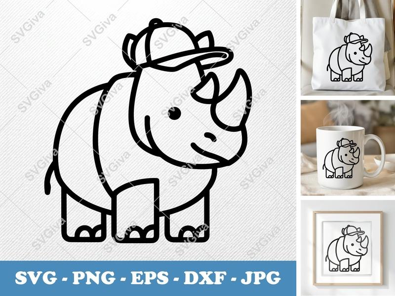 Rhinoceros in a Cap SVG | Friendly Rounded Bean-Shaped Cut File | PNG DXF EPS | Cricut Silhouette