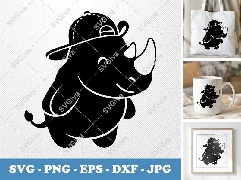 Rhinoceros in a Cap SVG PNG DXF EPS | Cute Rhino Cut File Cricut Silhouette Vector