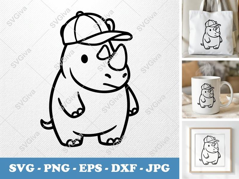 Rhinoceros in a Cap SVG | Puffy Cartoon Design | Inflated Animal Cut File for Cricut, Silhouette | PNG DXF EPS