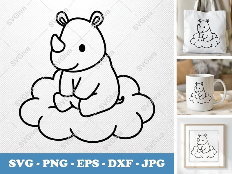 Rhinoceros on Cloud SVG PNG DXF EPS | Animal Cut File Cricut Silhouette Vector