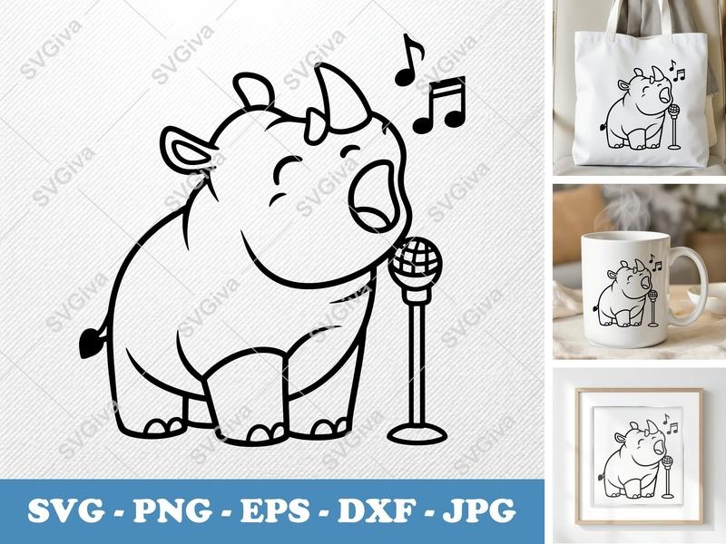 Rhinoceros Singing SVG, PNG, DXF, EPS Files | Cricut Silhouette Cut File | Cartoon Rhino Music Animal