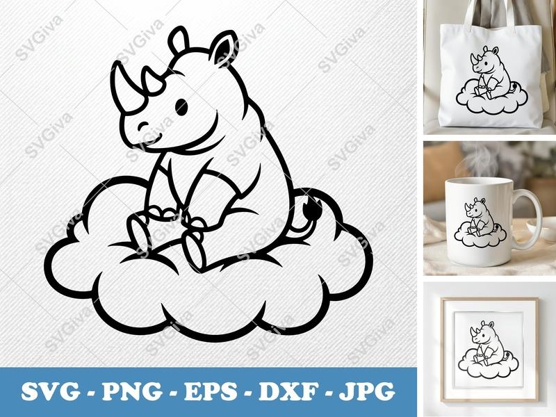 Rhinoceros Sitting on a Cloud SVG PNG DXF EPS | Cricut Silhouette File | Cute Rhino Vector Art