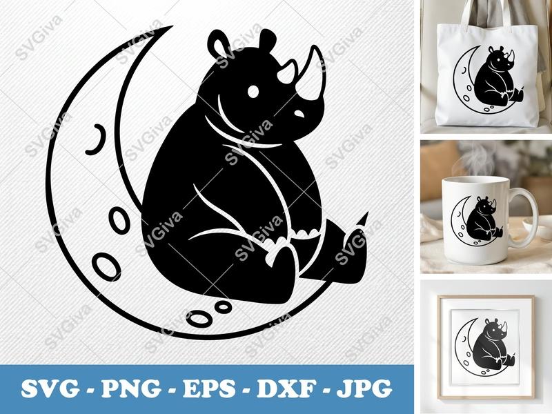 Rhinoceros Sitting on Moon SVG | Cute Rhino PNG DXF EPS Cricut Silhouette File