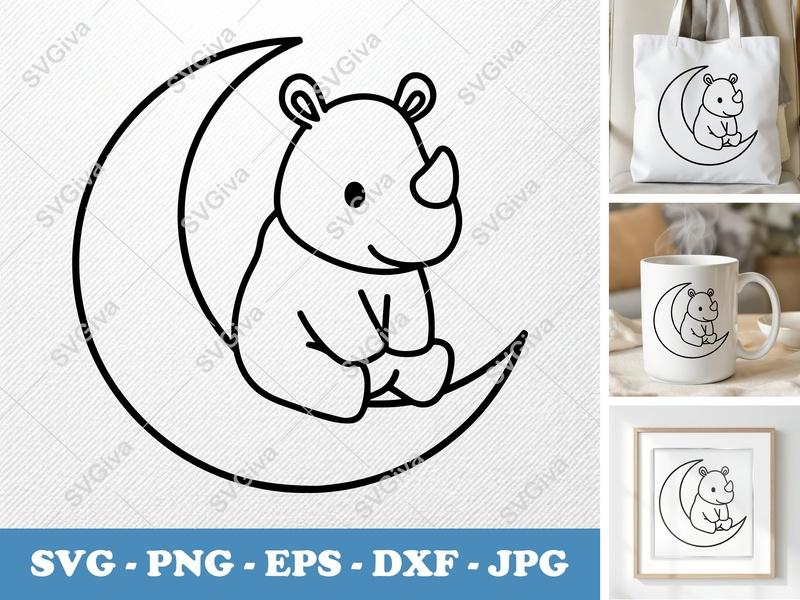 Rhinoceros Sitting on Moon SVG PNG DXF EPS | Baby Animal Cut File for Cricut Silhouette