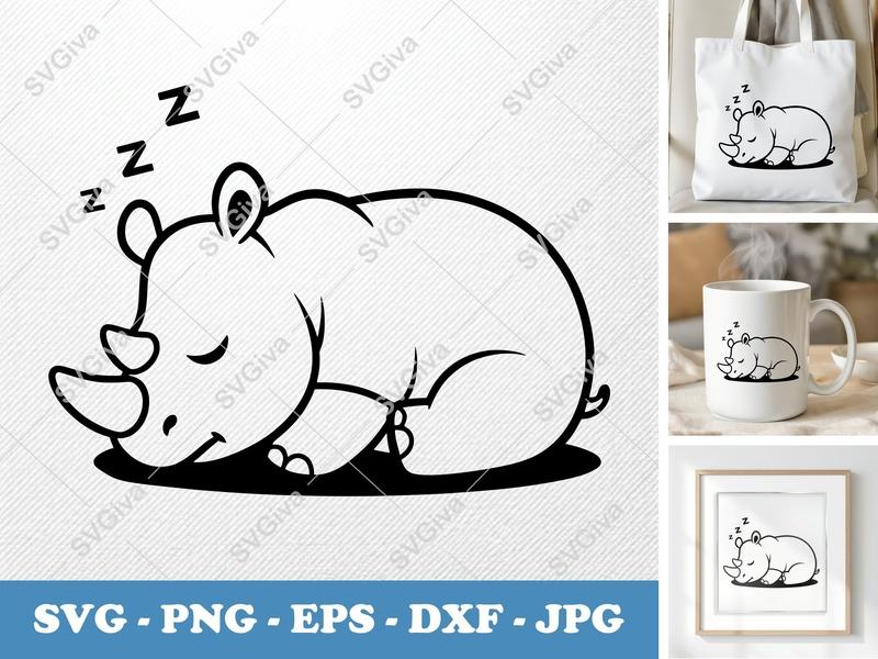 Rhinoceros Sleeping SVG | Cute Rhino ZZZ | PNG, EPS, DXF for Cricut & Silhouette | Baby Animal Cut File