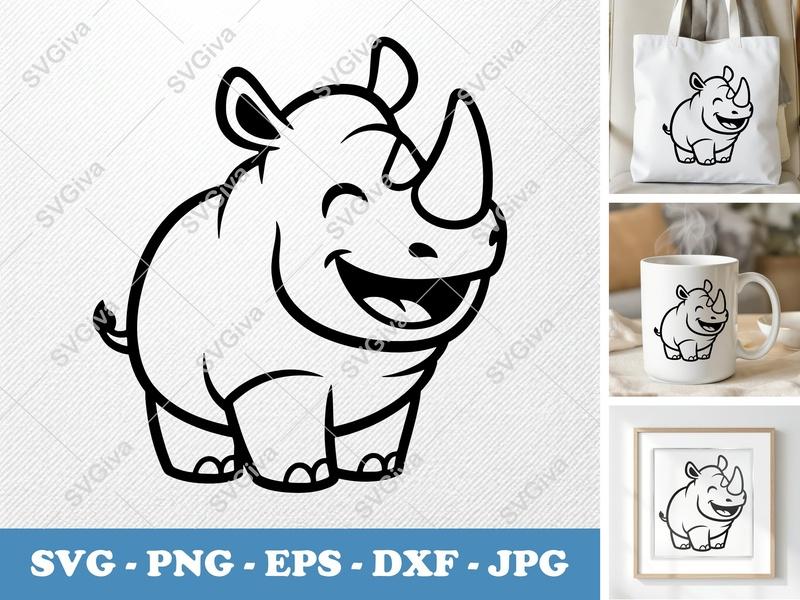 Rhinoceros Smiling Happily SVG | Friendly Rounded Body Bean-Shaped Forms | PNG DXF EPS | Cricut Silhouette File