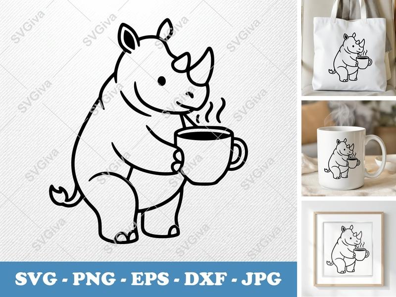Rhinoceros SVG | Coffee Rhino Cut File | Cute Animal PNG, EPS, DXF for Cricut & Silhouette | Modern Design