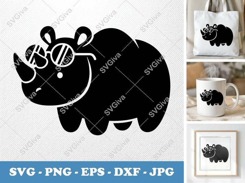 Rhinoceros SVG, Cool Rhino with Sunglasses, Cute Animal Silhouette, Modern Design, PNG, EPS, DXF for Cricut & Silhouette