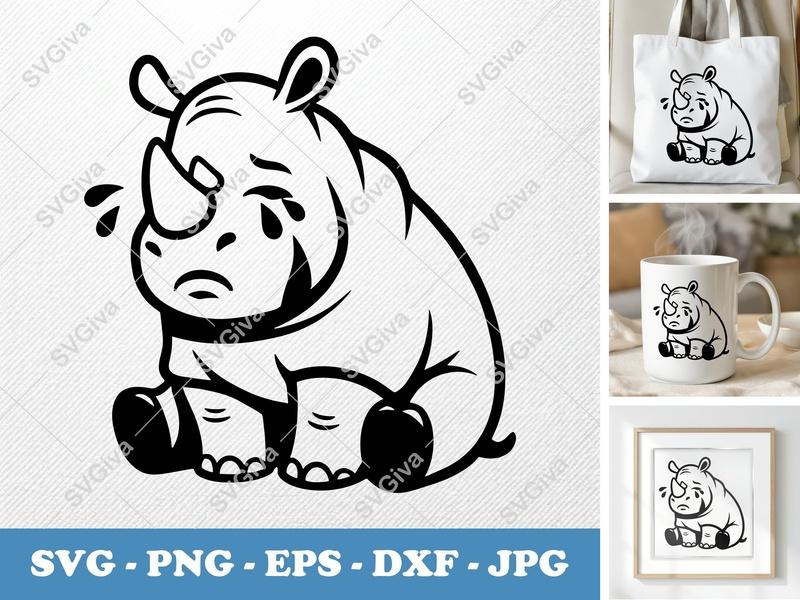 Rhinoceros SVG | Crying Rhino Clipart | Sad Animal Cut File | Cute Baby Rhino Vector | PNG, EPS, DXF for Cricut, Silhouette