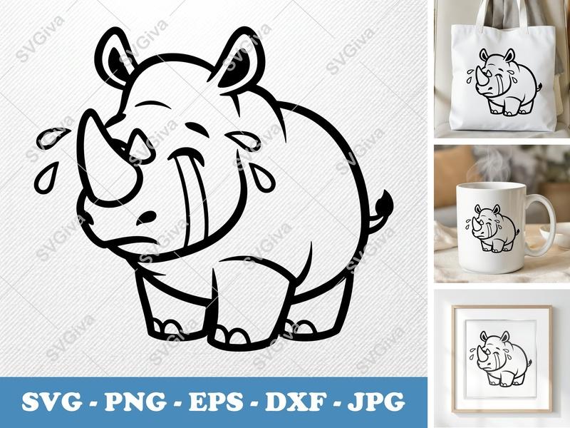 Rhinoceros SVG | Crying Rhino Cut File, Sad Animal Clipart | PNG, EPS, DXF for Cricut & Silhouette | Cartoon Rhino Vector