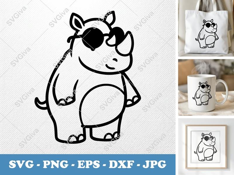 Rhinoceros SVG | Cute Cartoon Rhino with Eyepatch | Animal Clip Art for Cricut & Silhouette | PNG EPS DXF Files