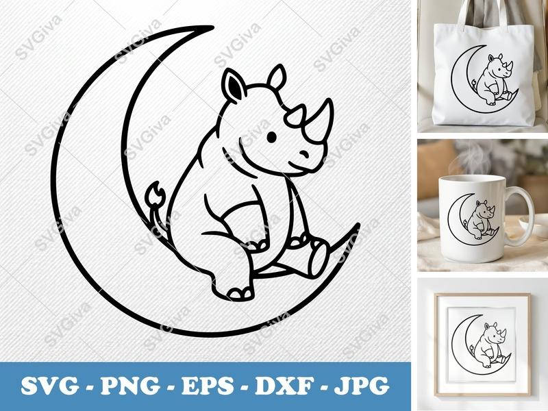Rhinoceros SVG, Cute Dino on Moon Cut File, Baby Rhino PNG EPS DXF for Cricut, Silhouette, Safari Animal Clipart
