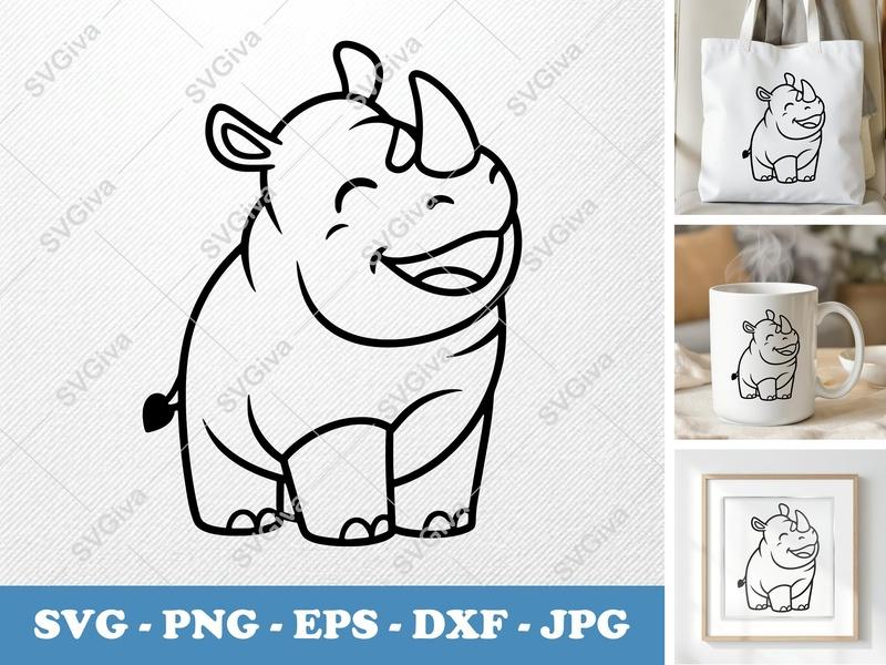 Rhinoceros SVG, Cute Rhino Clipart, Smiling Animal Vector, Line Art | PNG EPS DXF | Cricut, Silhouette Cut File