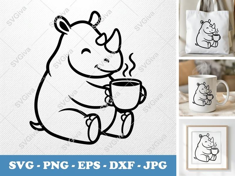 Rhinoceros SVG, Cute Rhino Coffee Cut File, Cartoon Animal PNG, EPS, DXF for Cricut & Silhouette, Happy Rhino Clipart