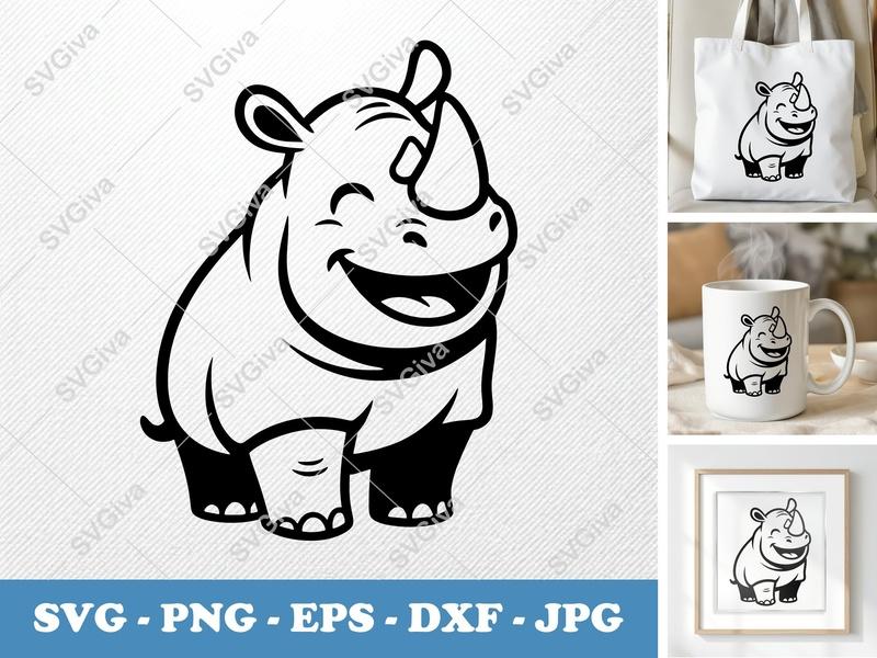 Rhinoceros SVG | Cute Rhino, Happy Face, Cartoon Animal | PNG, EPS, DXF for Cricut & Silhouette | Wildlife Vector Art