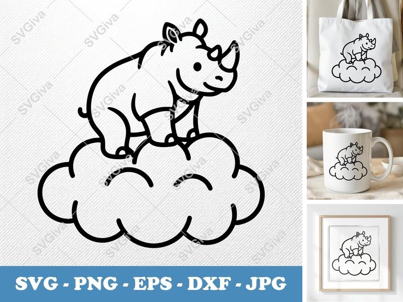 Rhinoceros SVG | Cute Rhino on Cloud | Animal Clipart, Outline Vector | PNG, EPS, DXF for Cricut, Silhouette