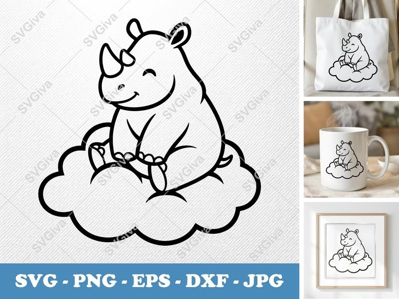Rhinoceros SVG, Cute Rhino on Cloud, Cartoon Animal Cut File for Cricut | Silhouette, Baby Nursery PNG EPS DXF