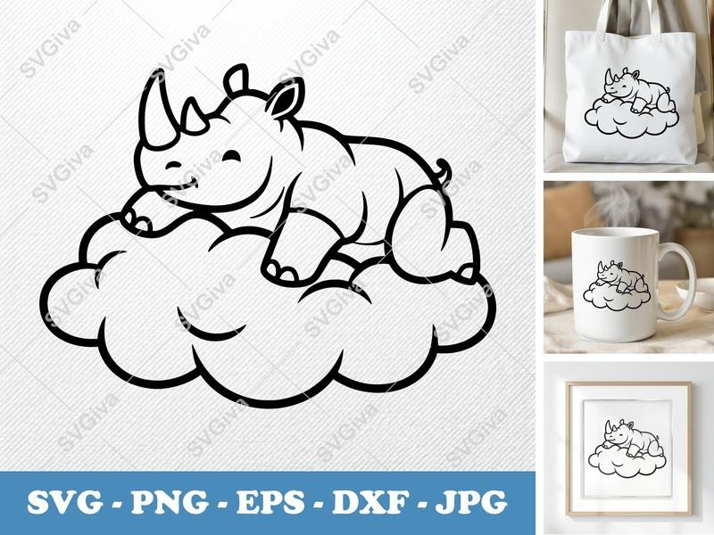 Rhinoceros SVG, Cute Rhino on Cloud Cut File, Baby Animal for Cricut, Silhouette, PNG, EPS, DXF, Nursery Decor