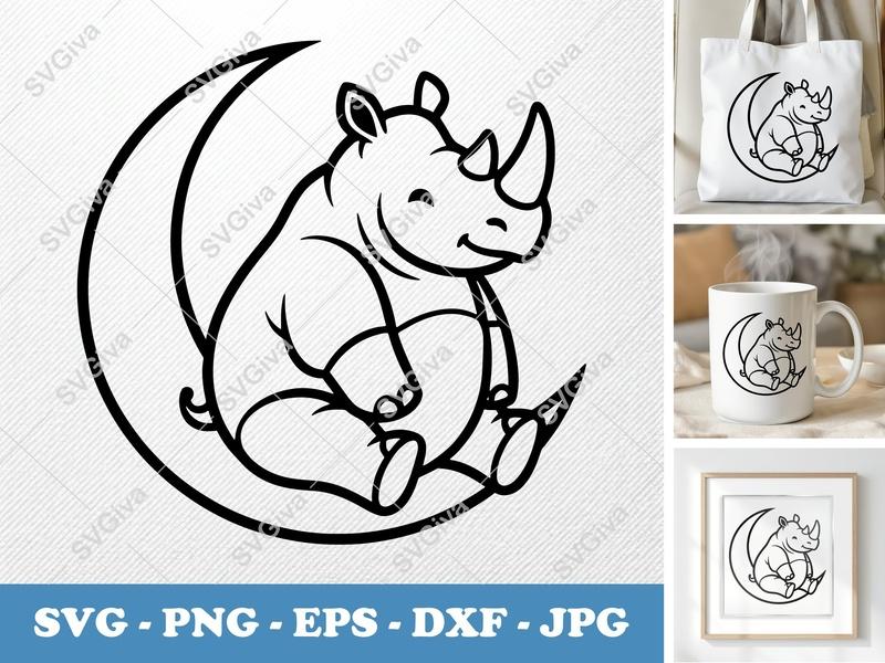 Rhinoceros SVG | Cute Rhino on Moon Design, Animal Cut File | PNG, EPS, DXF for Cricut, Silhouette, Vector Art