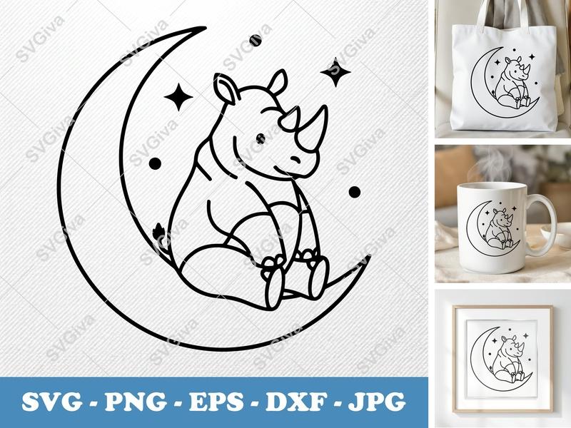 Rhinoceros SVG, Cute Rhino on Moon with Stars, Animal Clipart PNG EPS DXF | Cricut & Silhouette Cut File