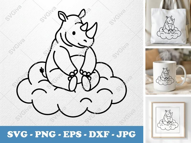 Rhinoceros SVG, Cute Rhino Sitting on Cloud, Baby Animal Outline Cut File for Cricut, Silhouette, PNG, EPS, DXF, Vector Clipart