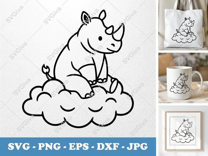 Rhinoceros SVG | Cute Rhino Sitting on Cloud Cut File for Cricut, Silhouette | Baby Animal, Cartoon, Nursery Decor PNG EPS DXF