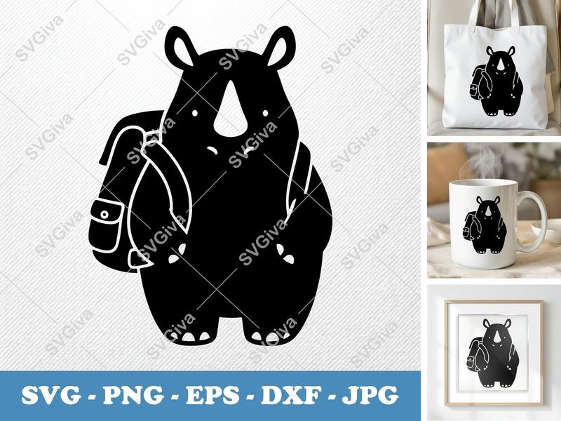 Rhinoceros SVG | Cute Rhino with Backpack Clipart | Animal Vector | PNG, EPS, DXF for Cricut & Silhouette