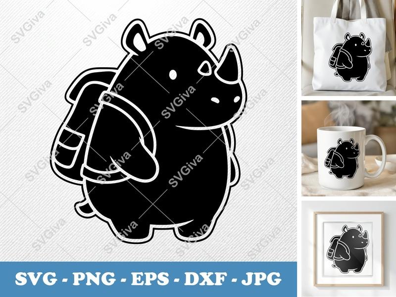 Rhinoceros SVG | Cute Rhino with Backpack Clipart | Cartoon Animal Cut File | PNG EPS DXF for Cricut, Silhouette
