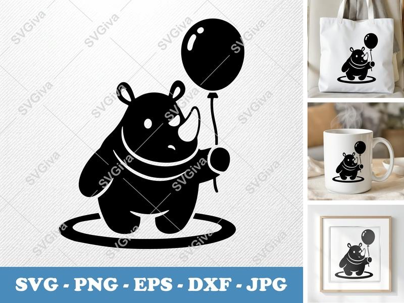 Rhinoceros SVG, Cute Rhino with Balloon, Animal Clipart, Digital Download, PNG EPS DXF for Cricut, Silhouette