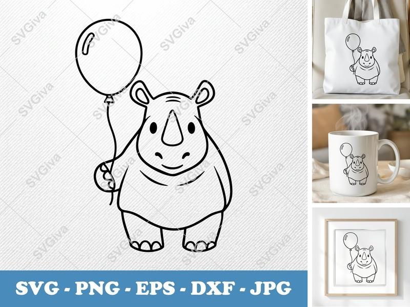 Rhinoceros SVG | Cute Rhino with Balloon | Cartoon Animal Cut File for Cricut, Silhouette | PNG, EPS, DXF | Kids Decor
